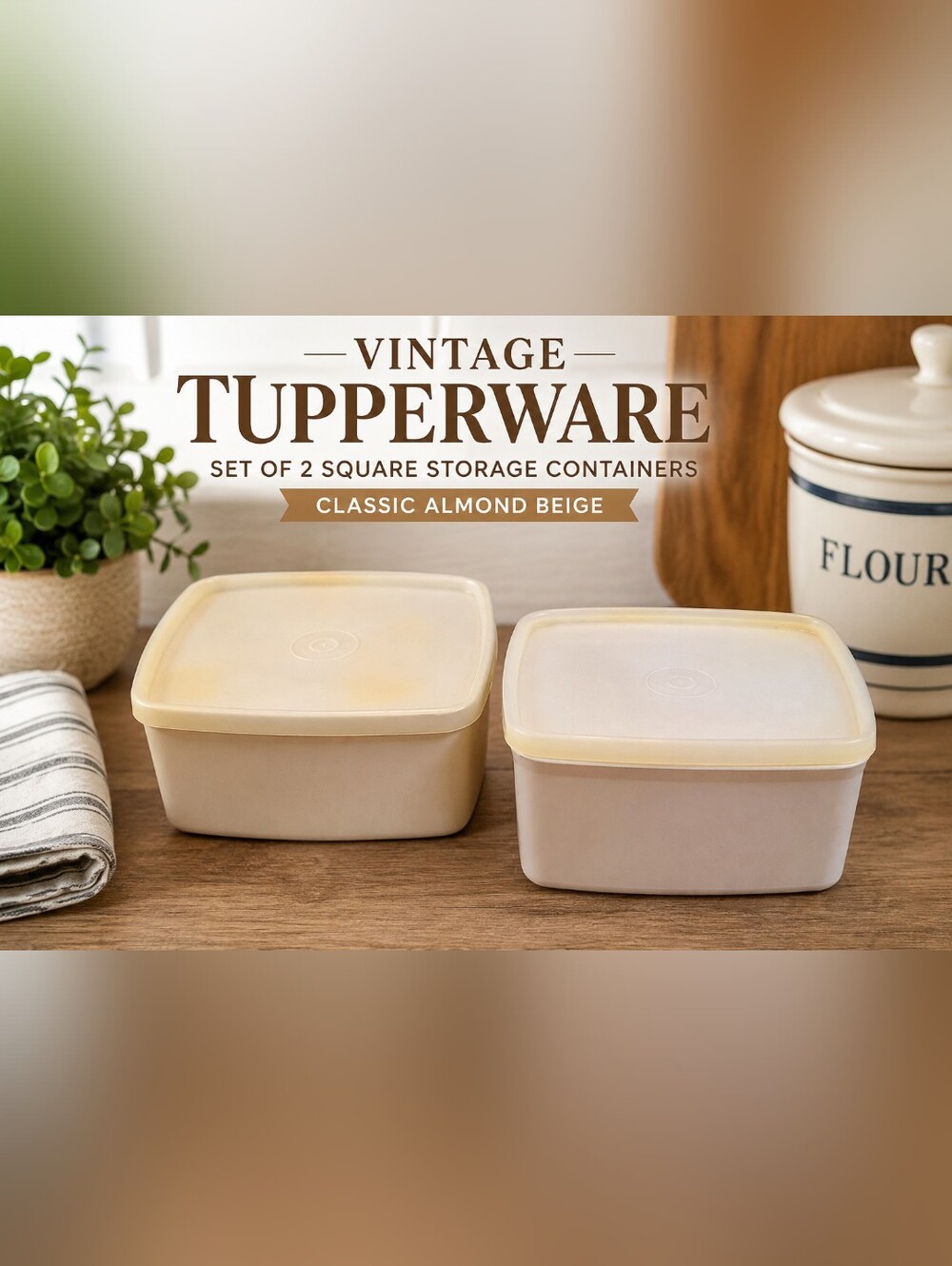 Vintage Tupperware Set of 2 Square Storage Containers with Lids Almond Beige